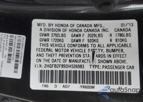 2013 Honda Civic Ex из США, поврежденный, VIN 2HGFB2F89DH526983